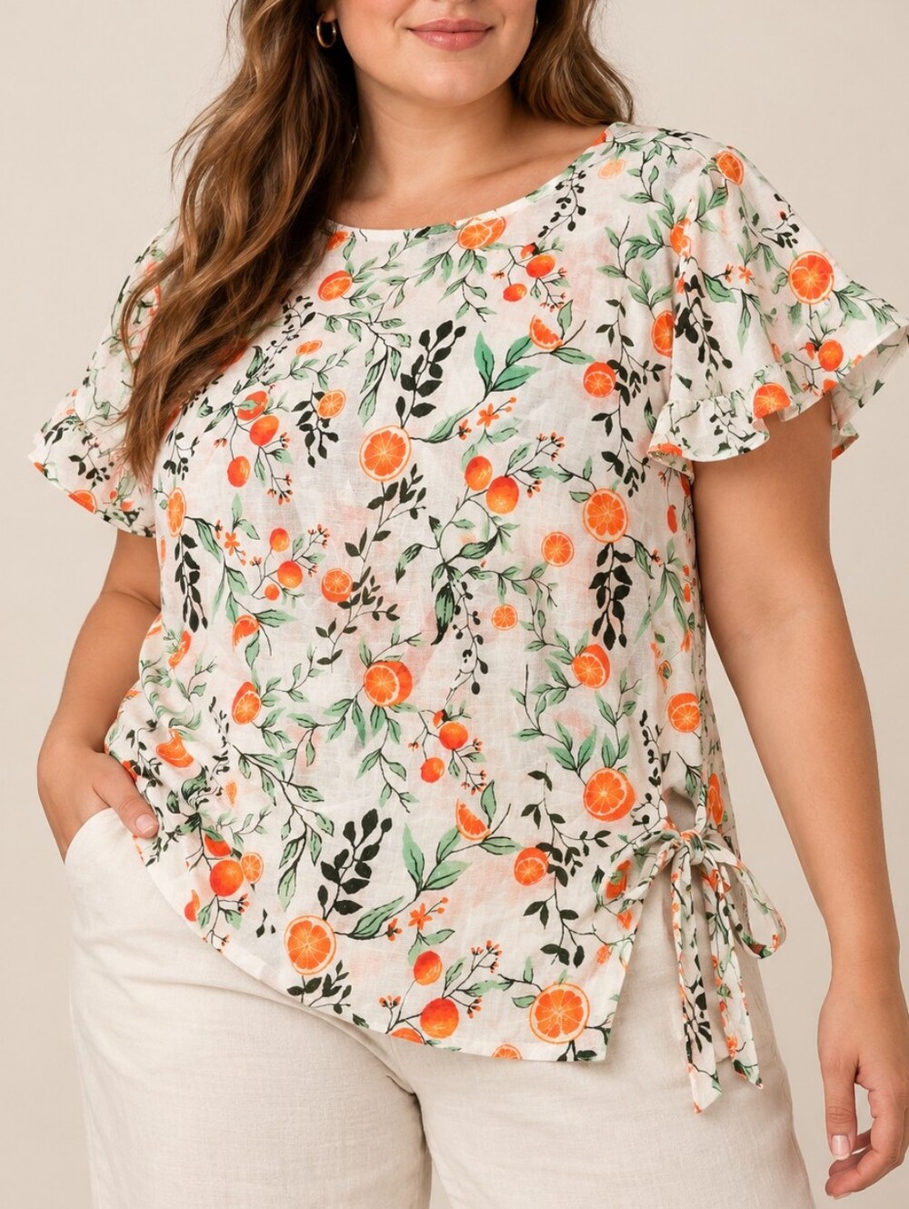 Joie 100% Linen Orange Citrus Print Blouse 1X NWT